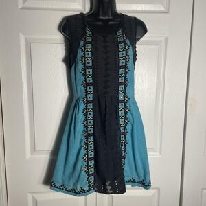 Free People Water Lily Mirror Dress Women 8 Teal Black Embellished Embroidered